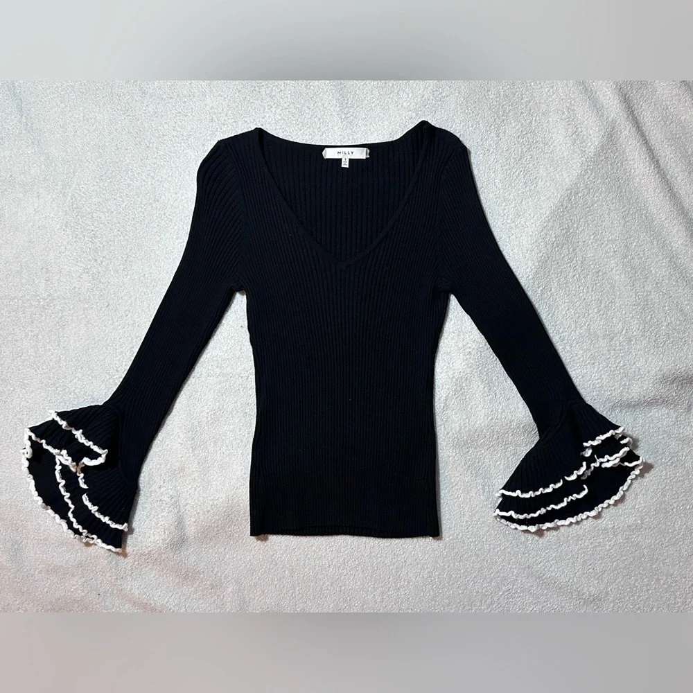 Milly | Ribbed Ruffle Bell Sleeve V-Neck Knit Top | Small - Picture 4 of 12